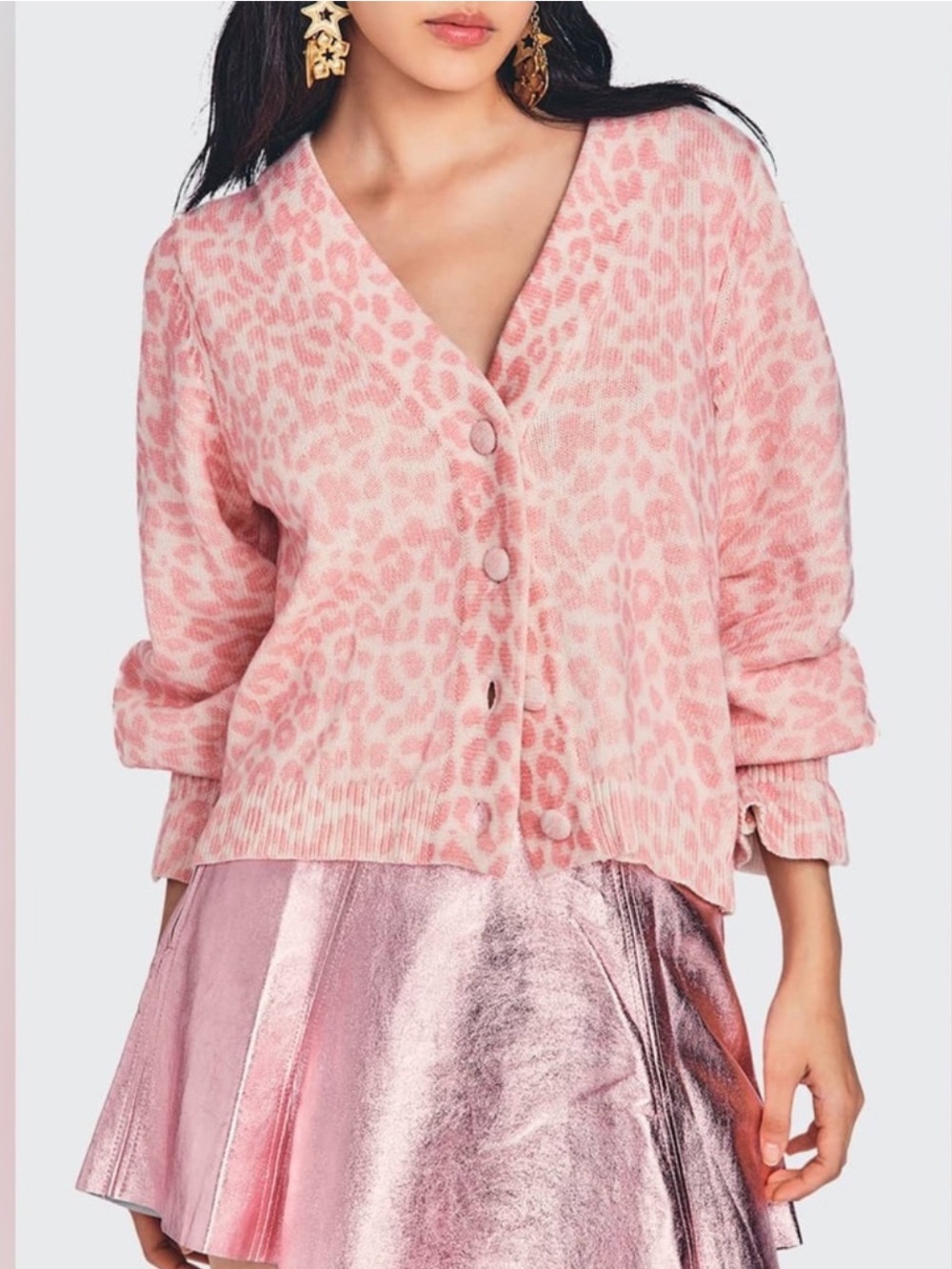 LoveShackFancy Boscom Cardigan Sweater Size L Pink Leopard Print EUC